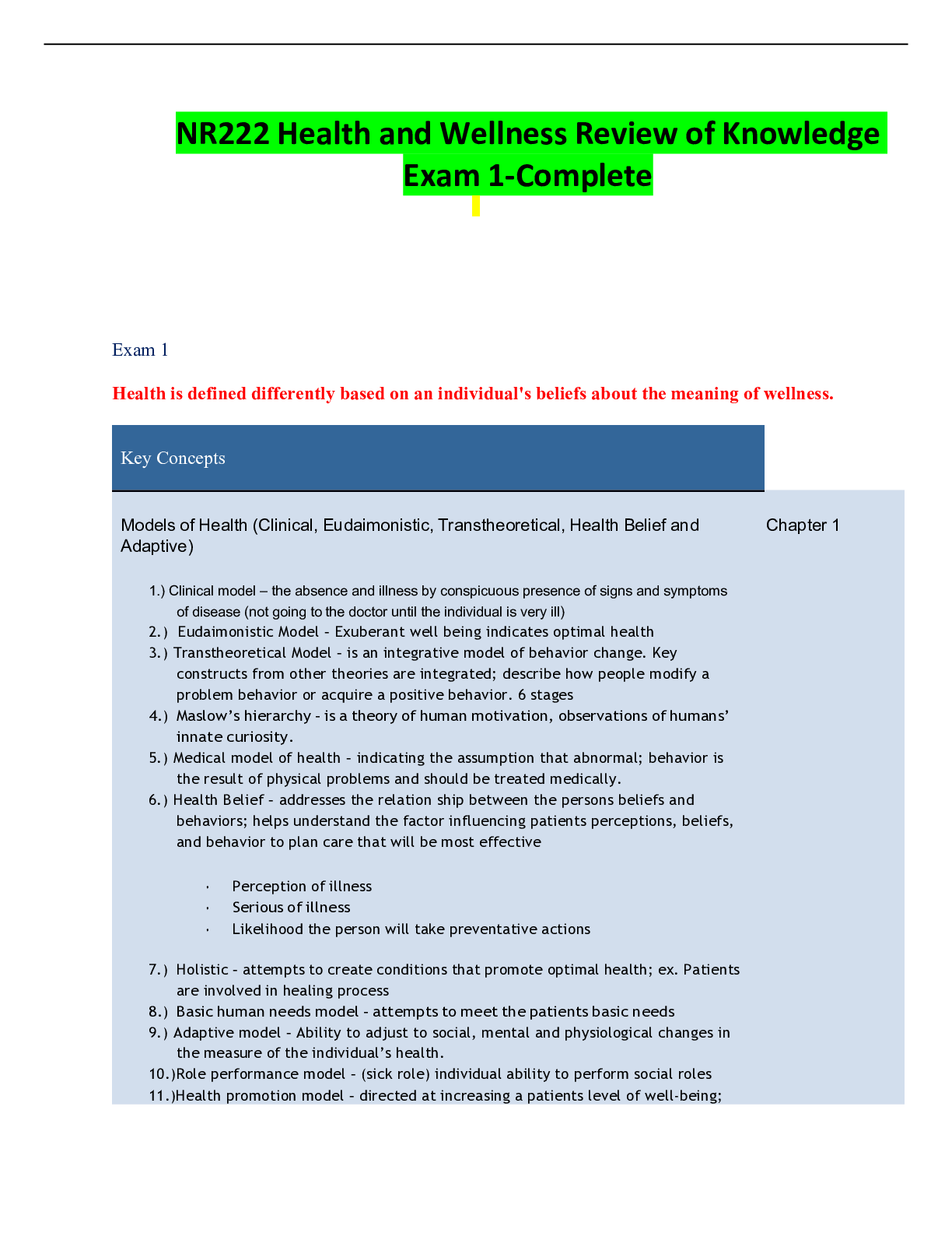 Preview image for NR222 Health and Wellness Review of Knowledge Exam 1-Complete